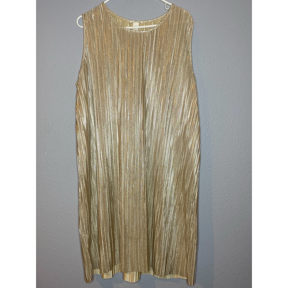 H&M Metallic Gold Pleated Sleeveless Midi Dress